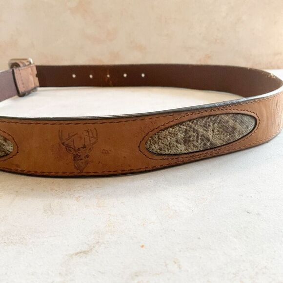 Vintage y2k brown leather camo deer buck tooled belt 34-38 - Picture 1 of 7